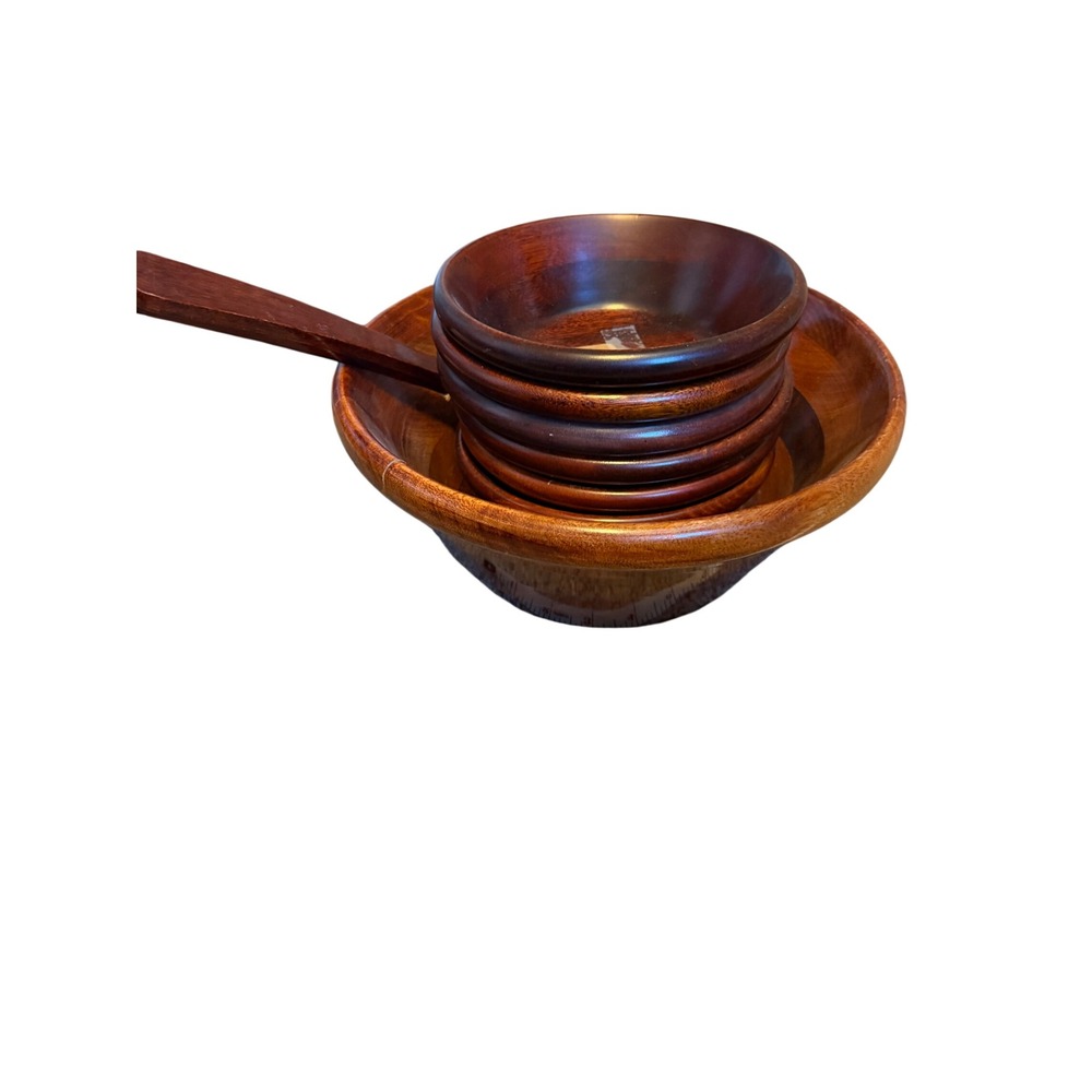 Vintage Wooden Salad Bowl Set 10 Piece Thailand Mahogany Finish Mid Century